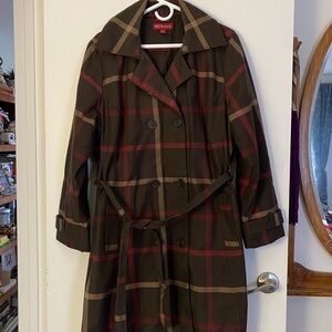 Merona Women's Trench Coat - Dark Brown and Red Plaid